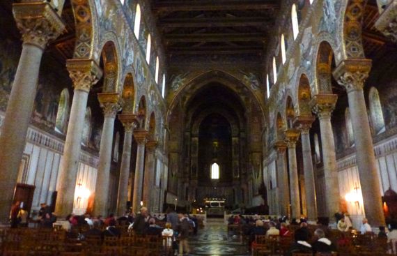 Monreale duomo from entrance down nave sunday service