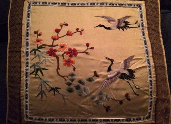 Two crane embroidered pillow